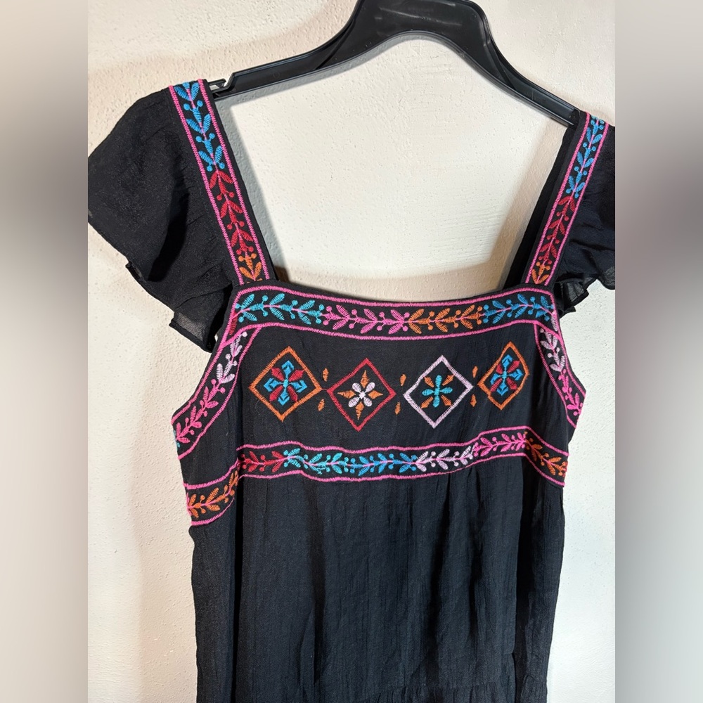 August Sky Ruffle Cap Sleeve Tiered Mini Dress Size M Colorful embroidery